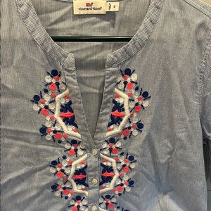 Vineyard Vines Striped Blue Blouse with Embroidery